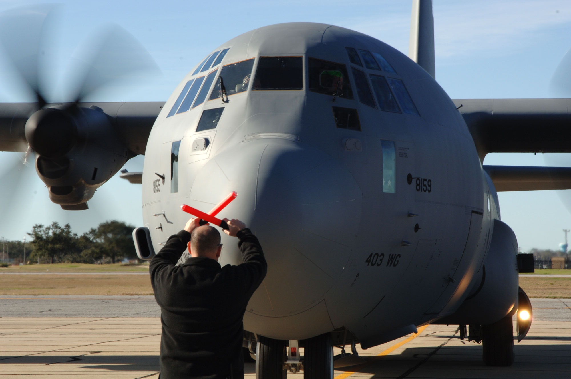 Aircraft 8159 pulls into a parking space at Keesler, AFB, Jan. 9. The aircraft is the final delivery rounding out the 403rd Wing's full complement. The unit now has 10 WC-130Js and eight C-130J-30s.