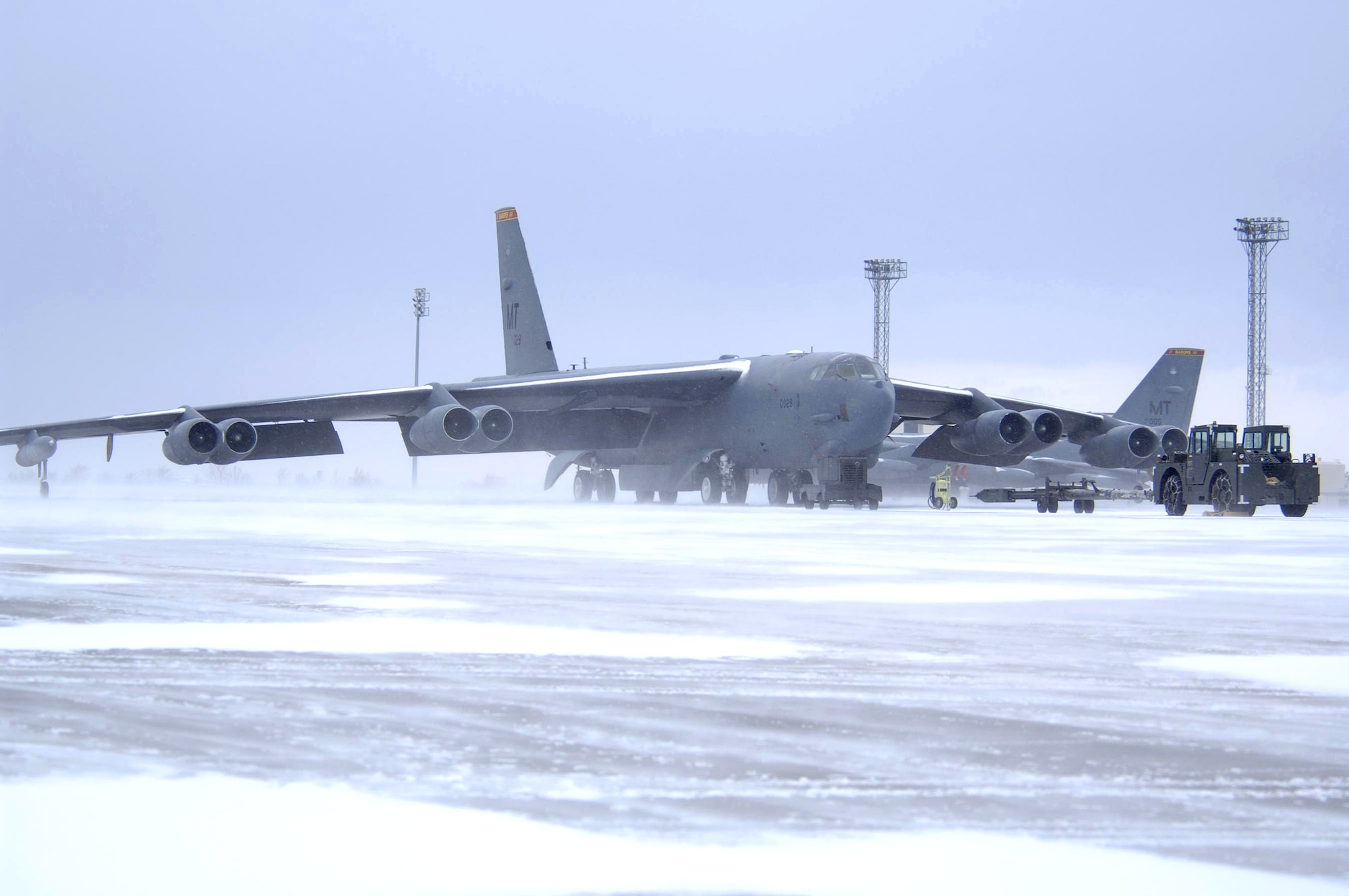 A B-52 Stratofortress waits to be prepped for flight Jan. 8 at Minot Air Force Base, N.D. The base experienced low visibility, sub-zero temperatures and gusts of wind up to 50 mph. (U.S. Air Force photo/Airman 1st Class Christopher Boitz) 