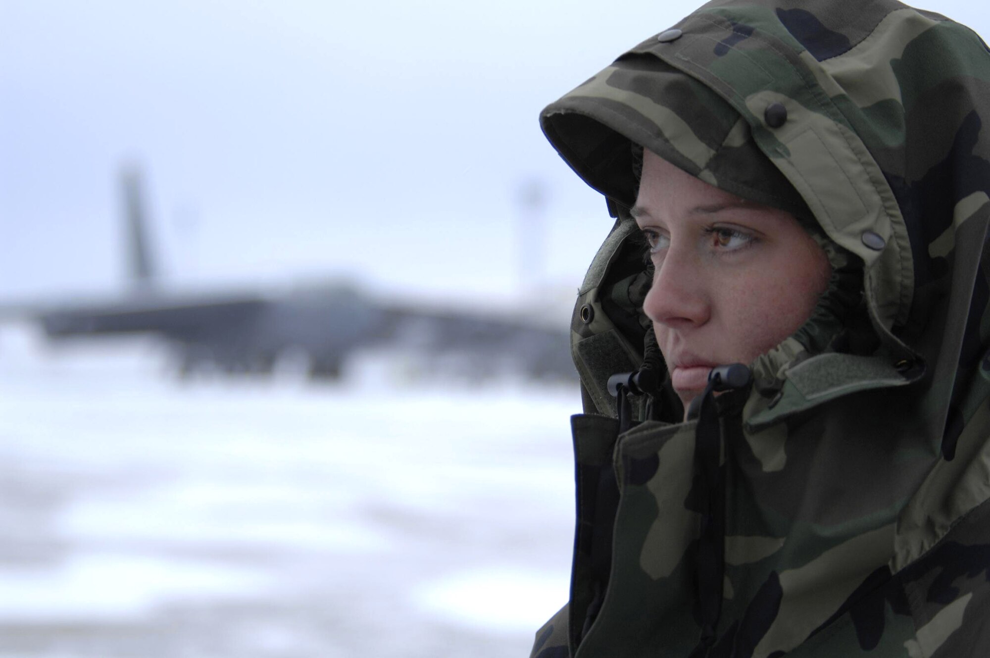 Airman Shaina Smith waits for a B-52 Stratofortress aircrew Jan. 8 at Minot Air Force Base, N.D. Airman Smith and the rest of her maintenance team worked through harsh sub-zero temperatures and gusts of wind up to 50 mph. (U.S. Air Force photo/Airman 1st Class Christopher Boitz)