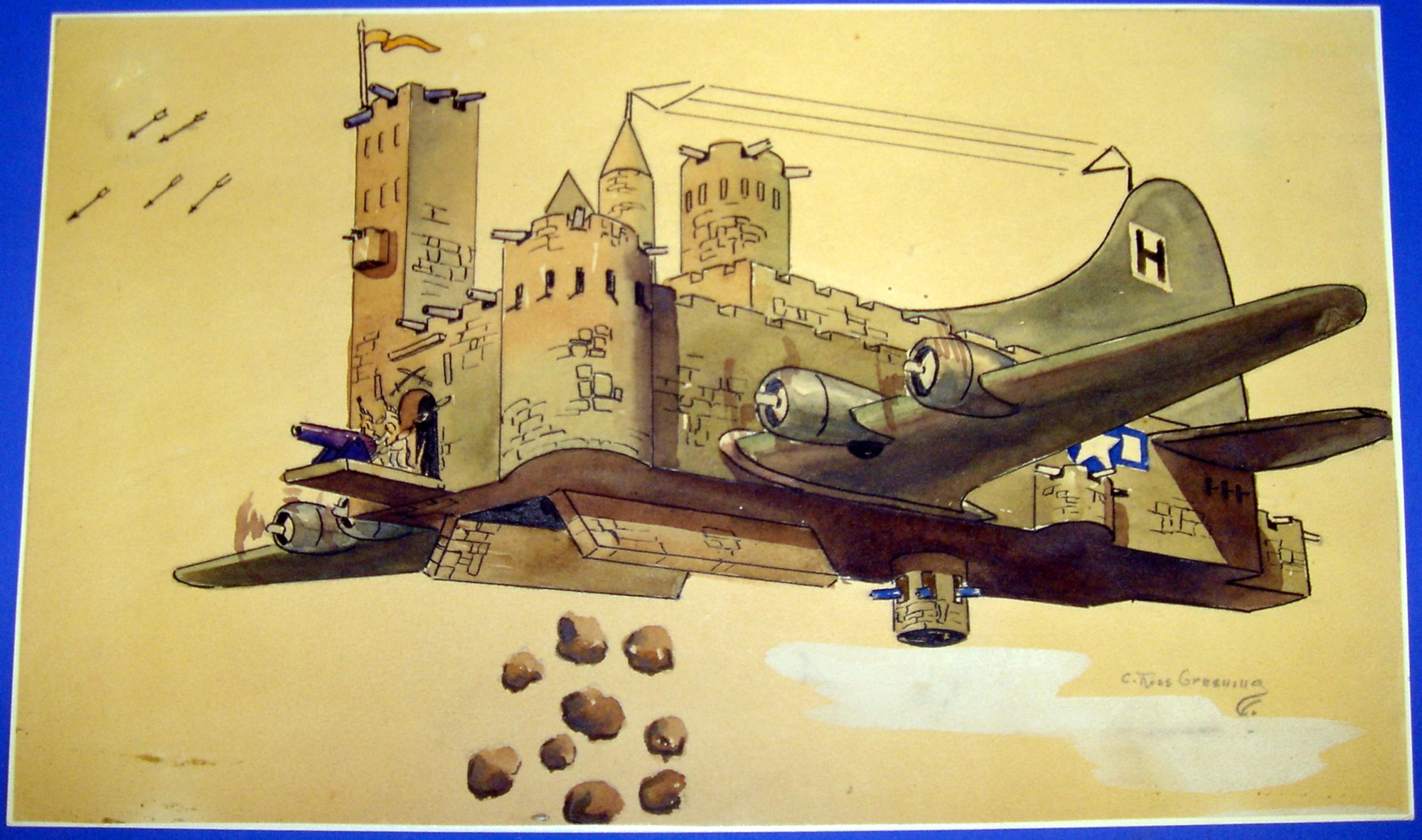 The B-17's capacity to repel enemy attacks and still inflict heavy damage to the German war machine and production centers is imaginatively rendered by C.R. Greening in this colorful caricature. Completed by Lt. Col. C. Ross Greening while prisoner at Stalag Luft I, Barth Germany in 1944-1945, this work is part of a collection of artwork that was published after the war in his book titled "Not As Briefed." (U.S. Air Force photo)