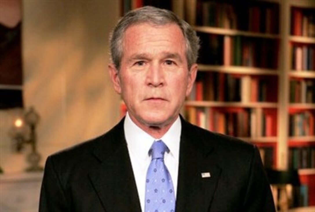 President George W. Bush concludes his address to the nation, Jan. 10, 2007, from the White House Library, where he outlined a new strategy on Iraq. 