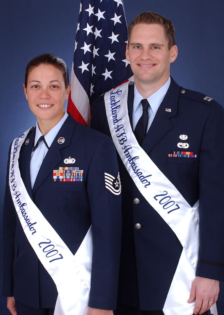 The 2007 Lackland Air Force Base Ambassadors: Capt. C. Brent Dishman, 37th Training Wing Judge Advocate General Office, and Tech. Sgt. Magdalena Cortez, 737th Training Group                             
