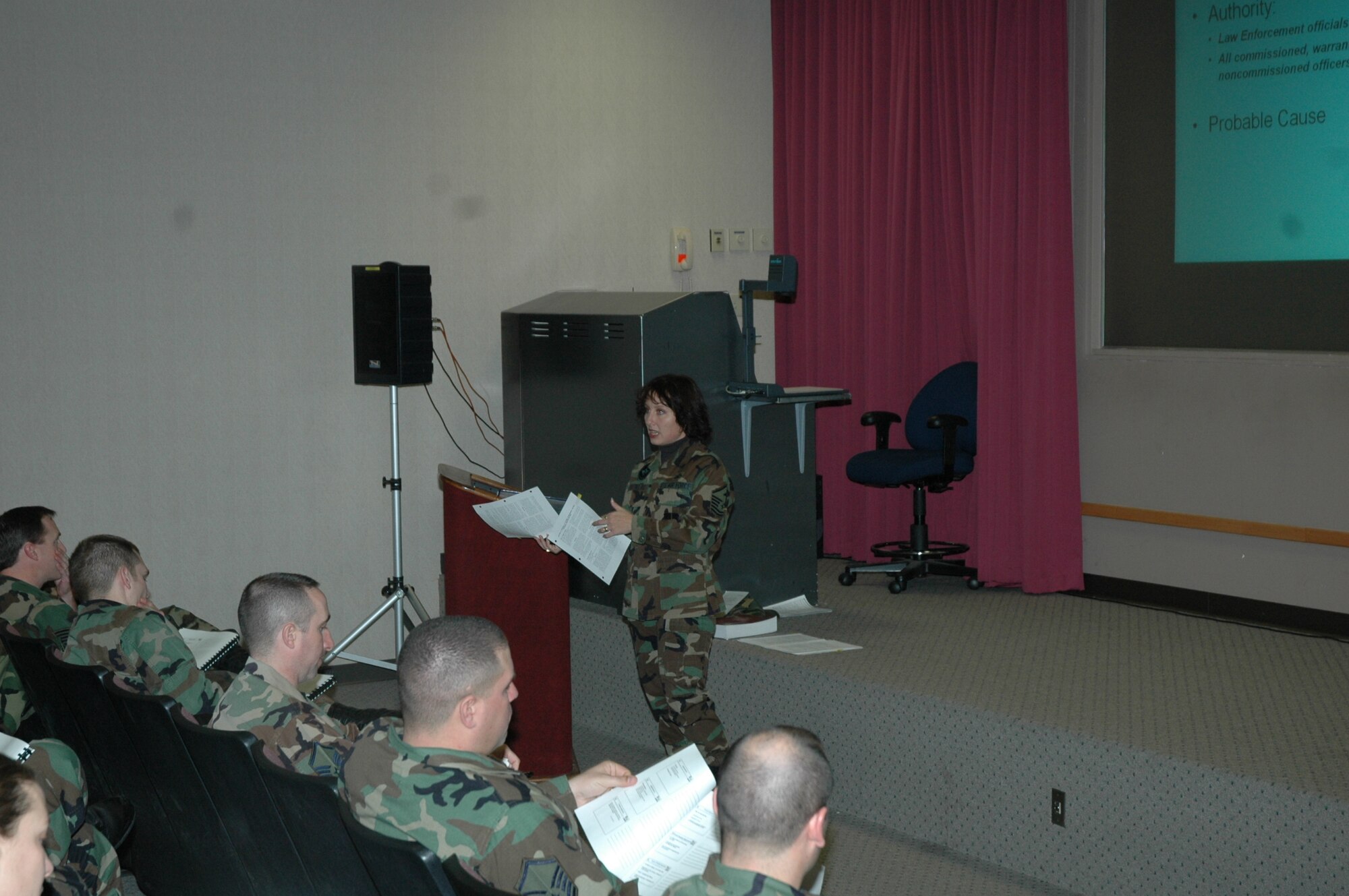 Master Sgt. Geri Dreibelbis, an instructor from the U.S. Air Force First Sergeant Academy, teaches a seminar on the legalities surrounding apprehension and pre-trial restraint. Sergeant Dreibelbis was a first sergeant for several different squadrons at Cannon Air Force Base, N.M., before becoming an instructor at the first sergeant academy. (U.S. Air Force photo/Tech. Sgt. Steven Wilson)