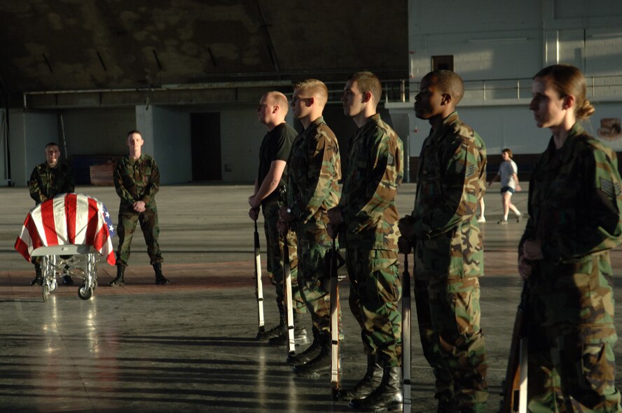 Members of the 28th Bomb Wing Honor Guard conduct practice Jan. 4. The Honor Guard is practicing to perform at an active-duty funeral service. (U.S. Air Force Photo/A1C Angela Ruiz)