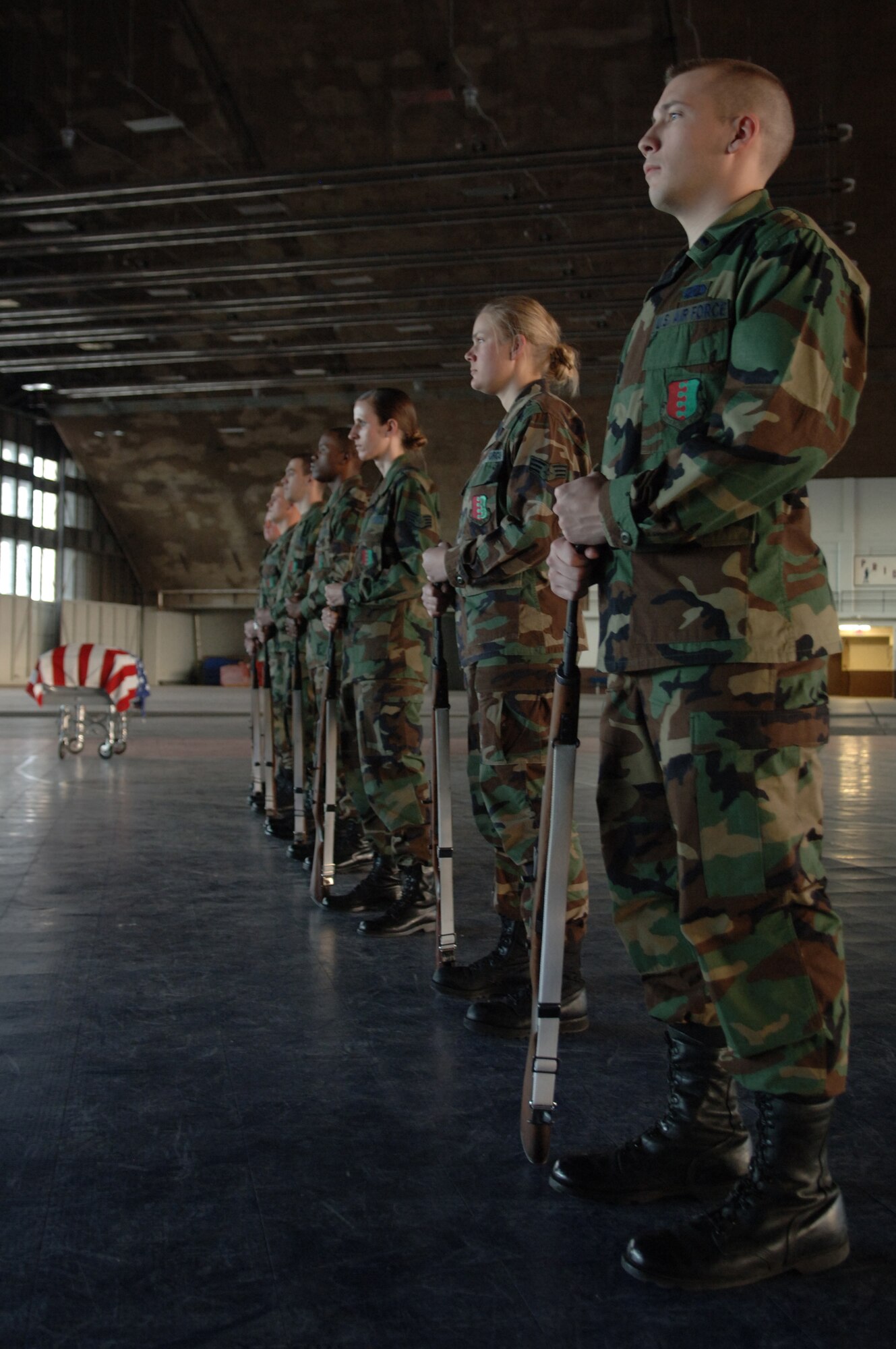 Members of the 28th Bomb Wing Honor Guard conduct practice Jan. 4. The Honor Guard is practicing to perform at an active-duty funeral service. (U.S. Air Force Photo/A1C Angela Ruiz)