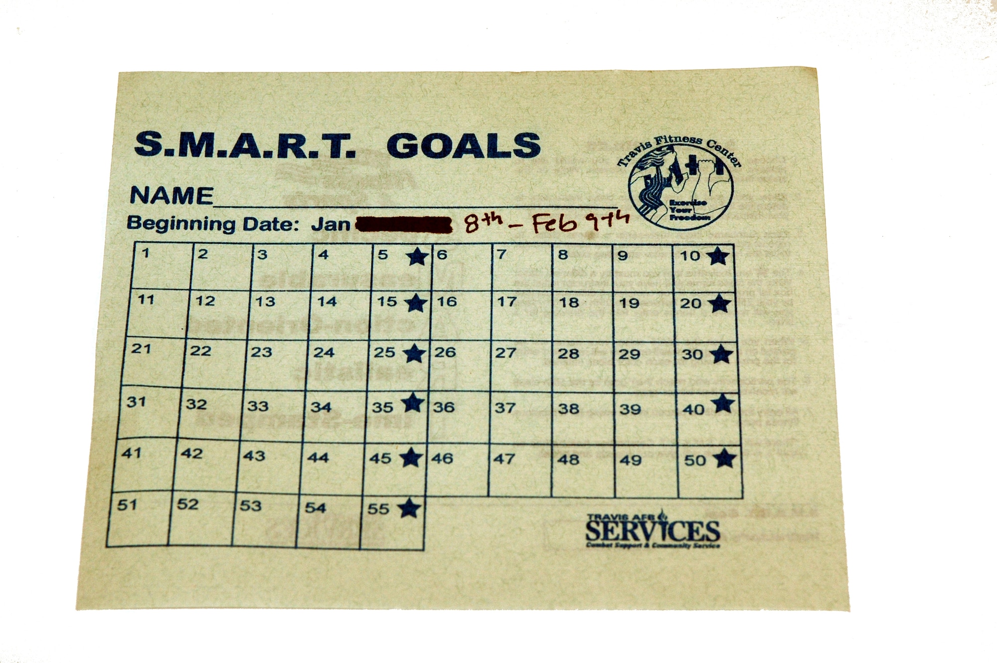 Members who sign up to participate receive a S.M.A.R.T. Goals registration card, which is kept on file at the fitness center. Members who complete a certain number of classes earn prize tickets. The tickets will be entered in a drawing at the program’s finale during the Valentine’s Aerobathon scheduled for Feb. 12. (U.S. Air Force photo by Staff Sgt. Candy Knight)