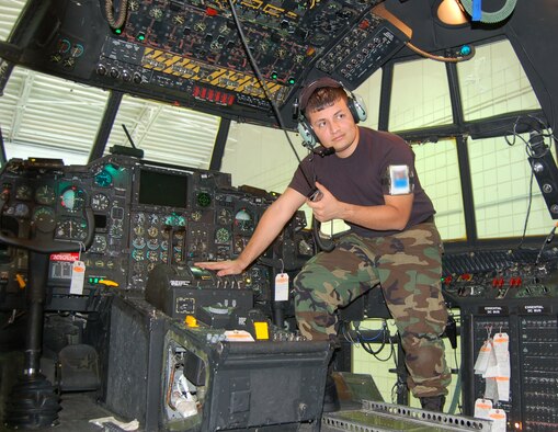 Senior Airman Jose Fuentes, a crash recovery specialist with the 723rd Aircraft Maintenance Squadron, Moody AFB, Ga., performs an operational checkout of a landing gear system on an HC-130P during an Isocronal inspection Jan. 8. (U.S. Air Force photo by Tech. Sgt. Parker Gyokeres)