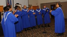 MINOT AIR FORCE BASE, N.D. -- The Minot Air Force Base Gospel Ensemble sings “Study War No More” during the Martin Luther King Jr. luncheon at the Jimmy Doolittle Center Jan. 11. At one point during the ceremony the crowd rose to their feet and cheered the ensemble on. (photo by Airman 1st Class Sharida Bishop)
