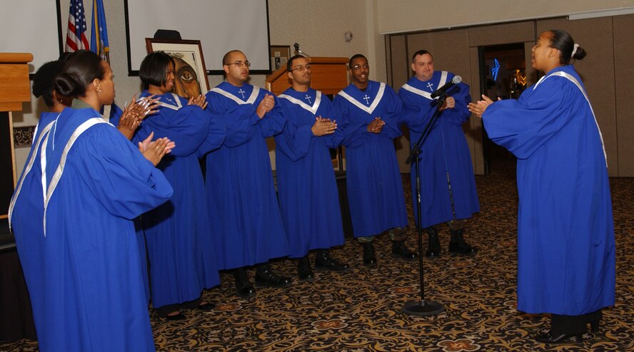 MINOT AIR FORCE BASE, N.D. -- The Minot Air Force Base Gospel Ensemble sings “Study War No More” during the Martin Luther King Jr. luncheon at the Jimmy Doolittle Center Jan. 11. At one point during the ceremony the crowd rose to their feet and cheered the ensemble on. (photo by Airman 1st Class Sharida Bishop)