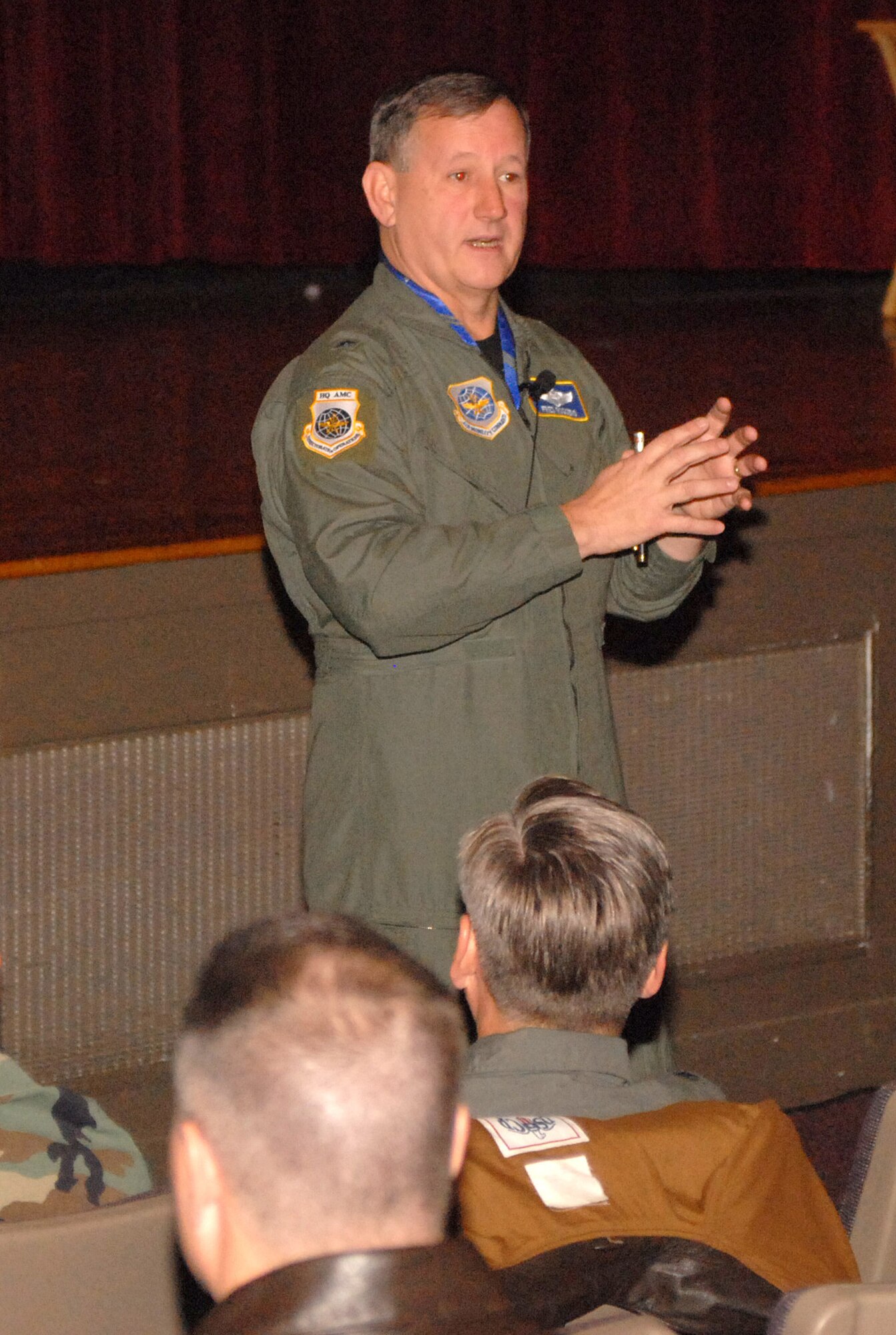 Brig. Gen. Frederick Roggero, Air Mobility Command deputy director of Air, Space and Information Operations, briefs aircrews Jan. 11 on the importance of remaining vigilant while flying missions. Recently, aircrews have seen an increase in the occurrence of Class A mishaps with Department of Defense aircraft -- five in the last 16 months. (Photo by Airman 1st Class Nathan Allen)