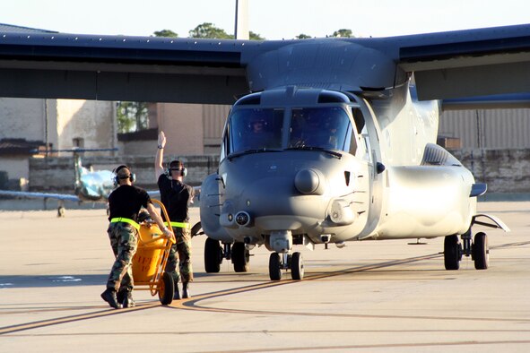 The first CV-22 arrived at Hurlburt Field Jan. 5. The 8th Special Operations Squadron tilt-rotor aircraft combines vertical take-off, landing and hover capabilities. (U.S. Air Force Photograph by Staff Sgt. Angela Shepherd)