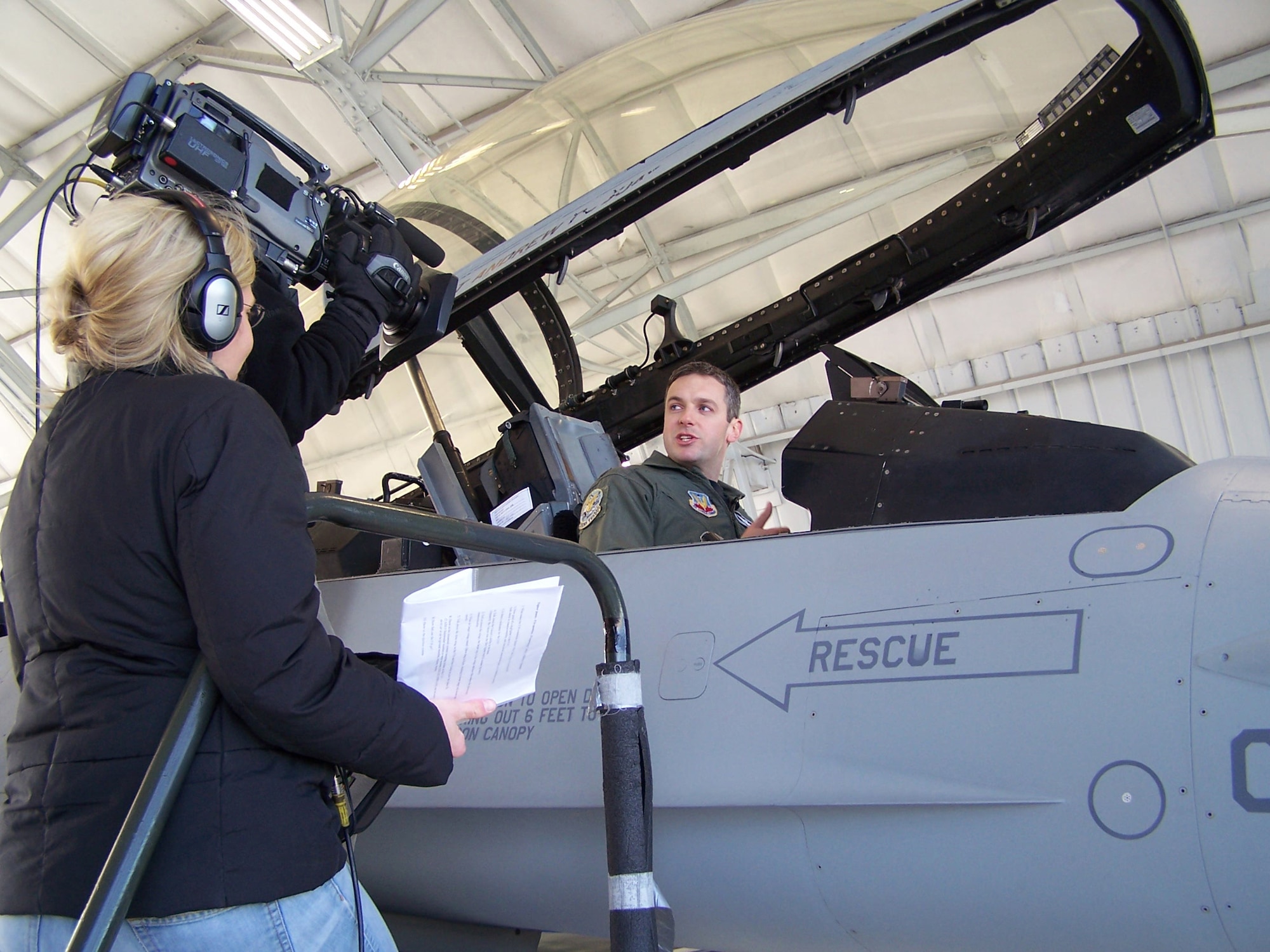 Eglin AFB, Fla -- Maj. Todd "Torch" Lafortune, 85th Test and Evaluation Squadron, is interviewed by a Discovery Channel film crew Jan. 10. The interview is part of a new series called "Weaponology" that will air on Discovery Channel's Military Channel in March. (U.S. Air Force photo Tech. Sgt. Andrew Leonhard)