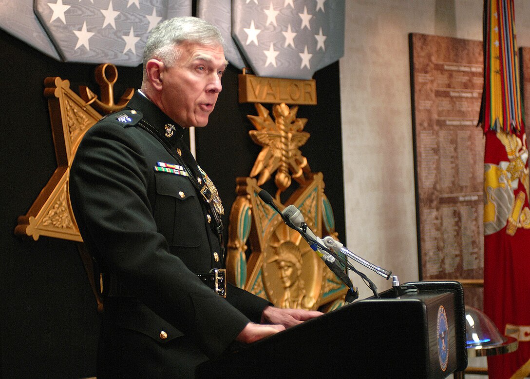 Commandant of the Marine Corps Gen. James T. Conway addresses family and guests during the ceremony inducting Marine Cpl. Jason L. Dunham into the Pentagon Hall of Heroes, Jan. 12, 2007. Dunham was critically injured in Iraq when he jumped on a grenade to save the lives of others.