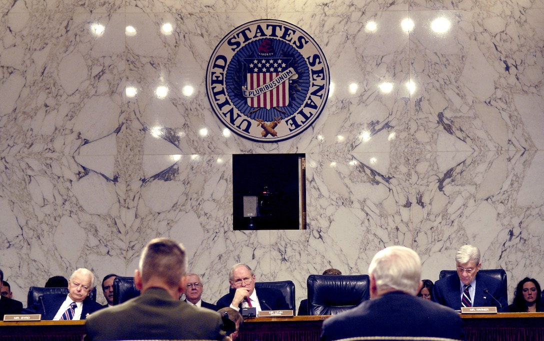 Secretary of Defense Robert Gates and the Chairman of the Joint Chiefs, Gen. Peter Pace, address questions from the Senate Armed Services Committee in a hearing about Iraq on Capitol Hill, Washington D.C., January 12, 2007. 
