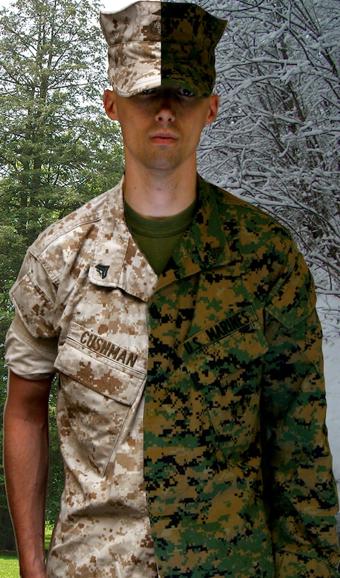 Effective immediately, Marines are required to wear the desert Marine Corps Combat Utility Uniform with sleeves up in the summer and woodland MCCUU with sleeves down during the winter. (Photo Illustration by Cpl. Steven R. Cushman)
