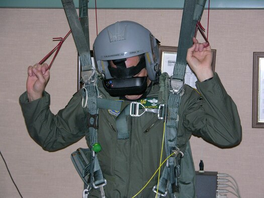 Lt. Col. Jeff Naviaux, commander of the 77th Air Refueling Squadron, goes through harness training. Harness training is a simulated program in which aircrew members practice parachuting out of an aircraft and steering themselves to the ground. Colonel Naviaux is a reservist with the 916th Air Refueling Wing located at Seymour Johnson Air Force Base. (U.S. Air Force Photo by Senior Airman Randy LeMay)          