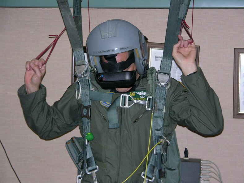 Lt. Col. Jeff Naviaux, commander of the 77th Air Refueling Squadron, goes through harness training. Harness training is a simulated program in which aircrew members practice parachuting out of an aircraft and steering themselves to the ground. Colonel Naviaux is a reservist with the 916th Air Refueling Wing located at Seymour Johnson Air Force Base. (U.S. Air Force Photo by Senior Airman Randy LeMay)          