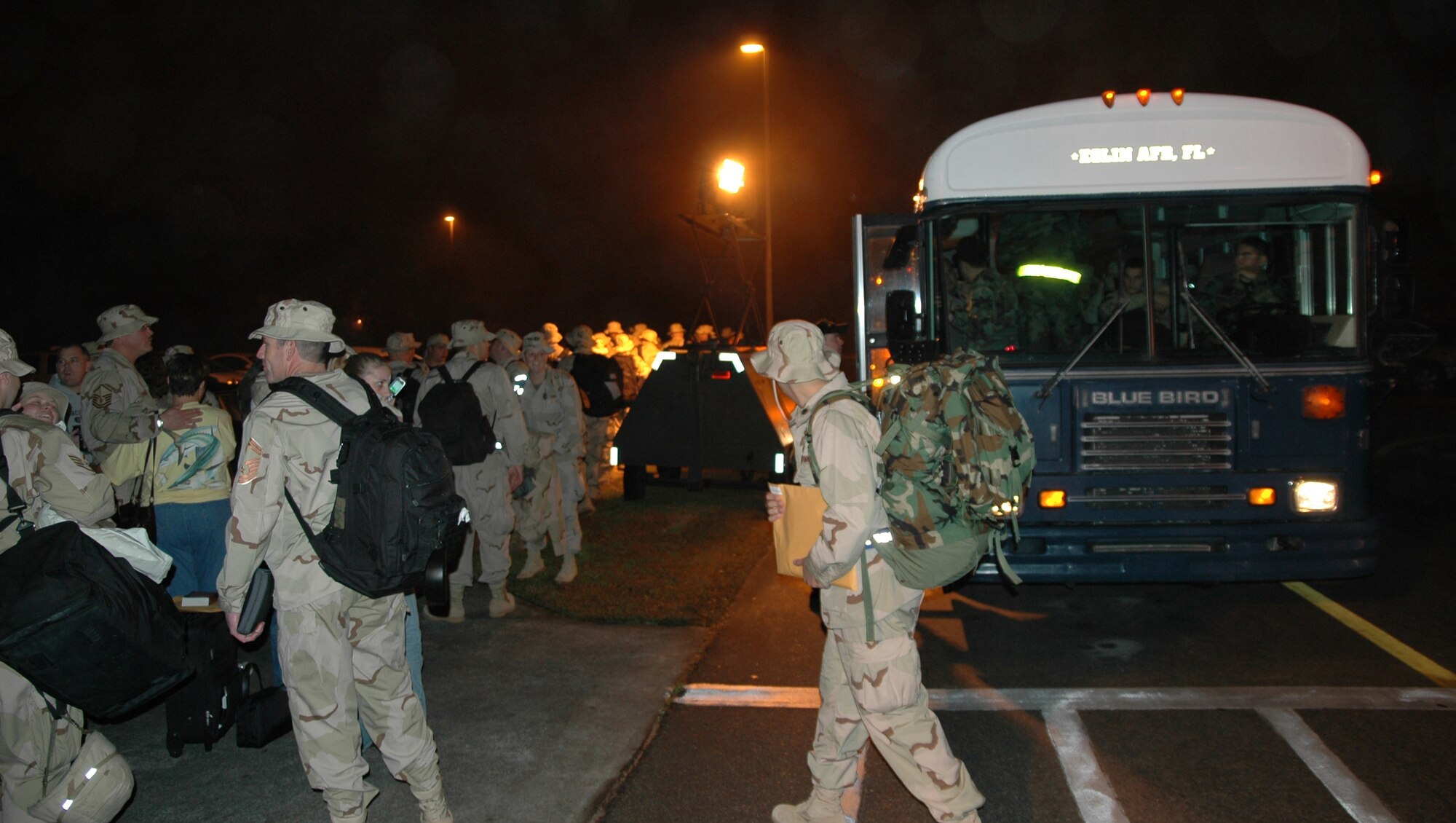 EGLIN AIR FORCE BASE, Fla. – Airmen from the 728th Air Control Squadron board a bus prior to their deployment to Southwest Asia in support of Operation Iraqi Freedom.  The 728 ACS provides a mobile, combat-rated, senior radar element of the Theater Air Control System for worldwide contingencies.(US Air Force photo/by Staff Sgt. Phillip O. Butterfield)


 


