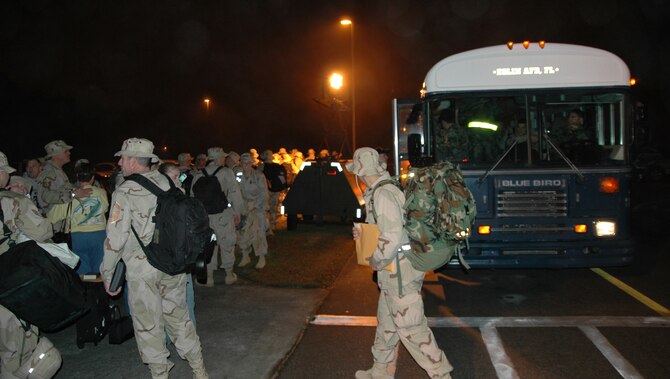 EGLIN AIR FORCE BASE, Fla. – Airmen from the 728th Air Control Squadron board a bus prior to their deployment to Southwest Asia in support of Operation Iraqi Freedom.  The 728 ACS provides a mobile, combat-rated, senior radar element of the Theater Air Control System for worldwide contingencies.(US Air Force photo/by Staff Sgt. Phillip O. Butterfield)


 

