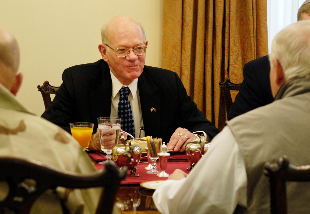 U.S. Ambassador to Afghanistan Ronald Neumann conducts a breakfast meeting with Defense Secretary Robert Gates in Kabul, Afghanistan, Jan. 16, 2007. 