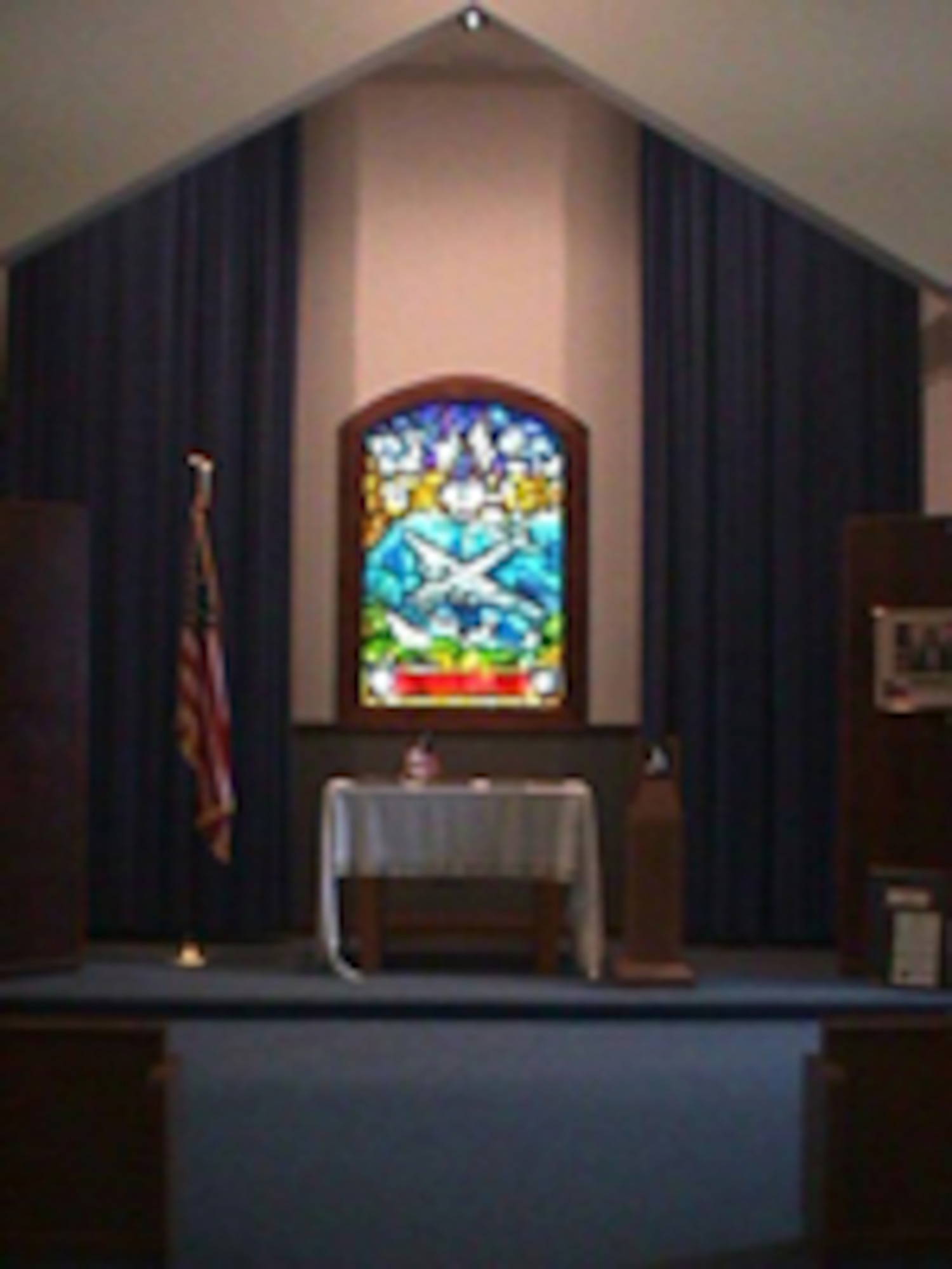 Today the Chapel houses the 384th Bomb Group Memorial Stained Glass Window, an exact duplicate of a memorial stained glass window donated by the 384th Bomb Group to the Parish Church of St. James the Apostle in the village of Grafton Underwood, near Kettering, England. (Hill Field was the parent base of Wendover Army Air Field in western Utah, where the 384th trained in 1943 in Boeing B-17 Flying Fortresses for action in Europe in World War II. Grafton Underwood was near USAAF Station 106, home base of the 384th in the European theater of operations during the war.) 