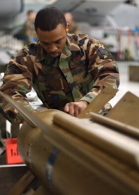 EIELSON AIR FORCE BASE, Alaska -- Senior Airman Corneilius Cutler, 18th Aircraft Maintenance Unit, 354th Aircraft Maintenance Squadron prepares the Air to Ground Missile 65 D Bomb to be loaded onto an F-16 Fighting Falcon during the Weapons Standardization Load Crew of the Year Competition hereon Jan. 11. The Competition evaluates technical proficiency, safety procedures and overall time. The 18th AMU's overall time was 56 minutes and 37 seconds.  
(US Air Force Photo by Airman Jonathan Snyder)