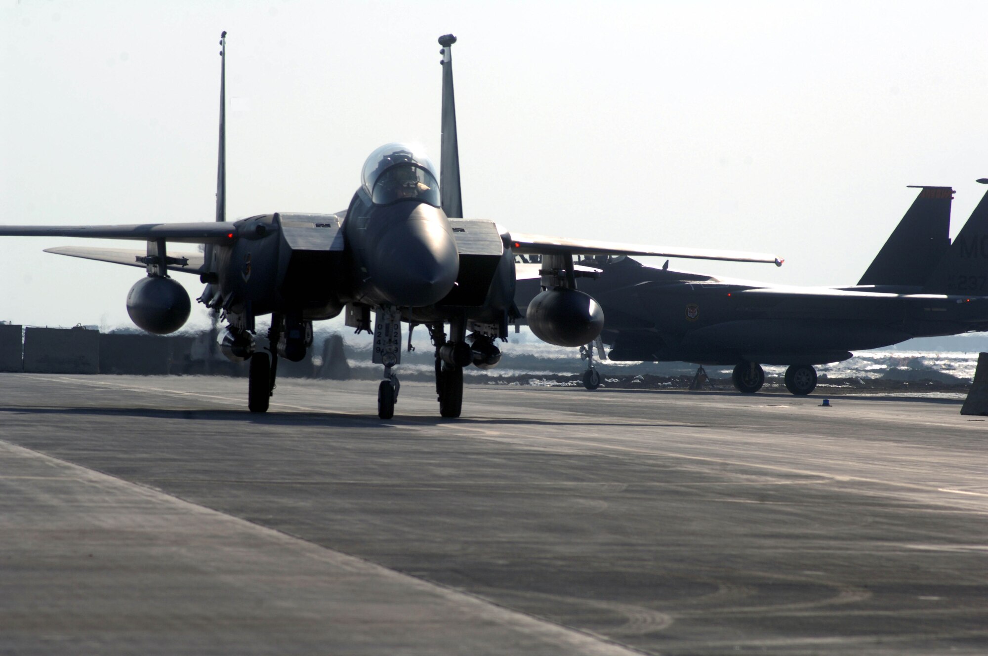 An F-15E Strike Eagle taxis after landing here Jan. 14.  More than 200 Airmen were deployed from Mountain Home Air Force Base, Idaho, in support of the F-15E squadron. (U.S. Air Force photo/Capt Vince King Jr)