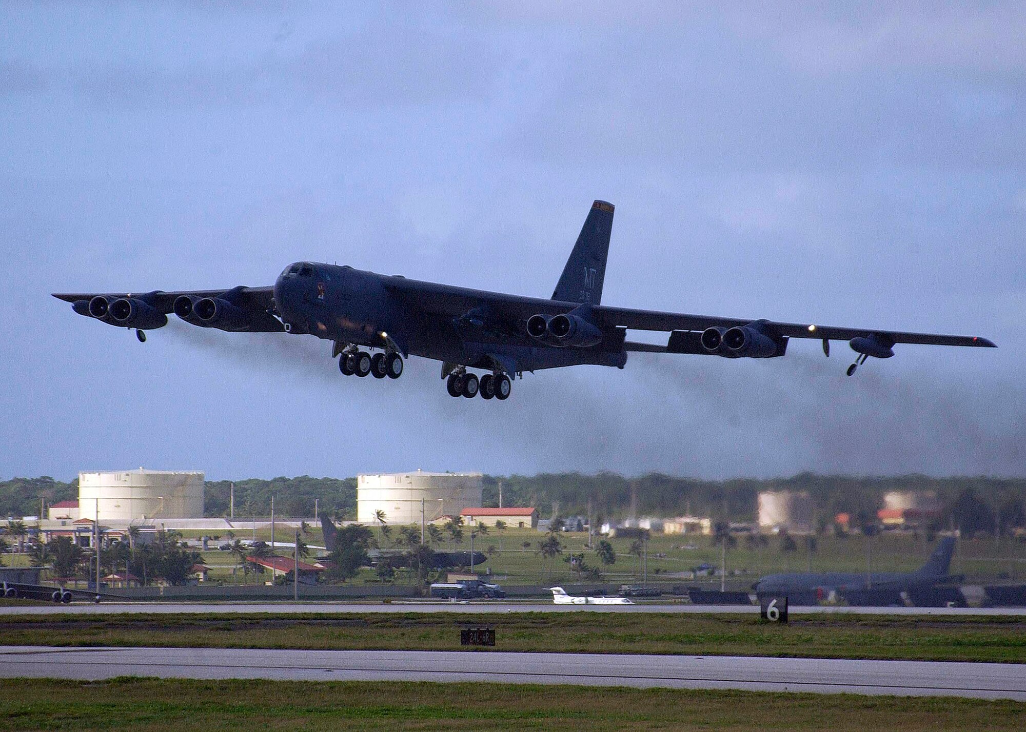 A 23rd Expeditionary Bomb Squadron B-52 Stratofortress departs on a counter-sea training mission during one of the final sorties of a five-month deployment to Andersen Air Force Base, Guam, Jan. 15. The counter-sea exercise concluded a five-month deployment to Andersen AFB in which the 23rd EBS flew over 200 missions, logged nearly 1,600 hours and dropped 750 munitions. The B-52s were at Andersen promoting regional security and preserving regional stability while providing the U.S. Pacific Command commander a continuous bomber presence in the region. (U.S. Air Force Photo/Senior Master Sgt. Don Perrien) 