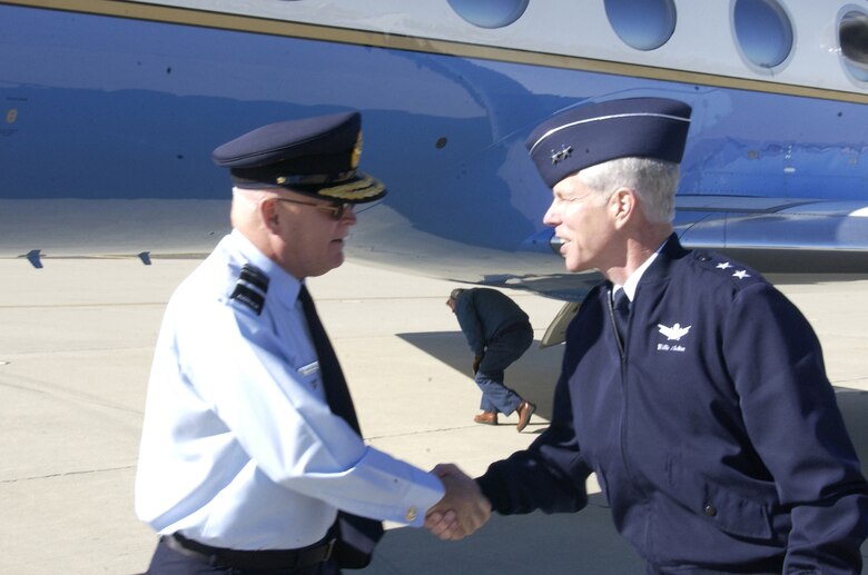 Maj. Gen.  William Shelton, 14th Air Force commander, greets Royal Australian Air Force Air Marshal Geoffrey Shepherd upon arrival at Vandenberg. Air Marshal Shepherd visited Vandenberg on Jan. 15. (U.S. Air Force photo by Airman 1st Class Keyonna Fennell)                                 