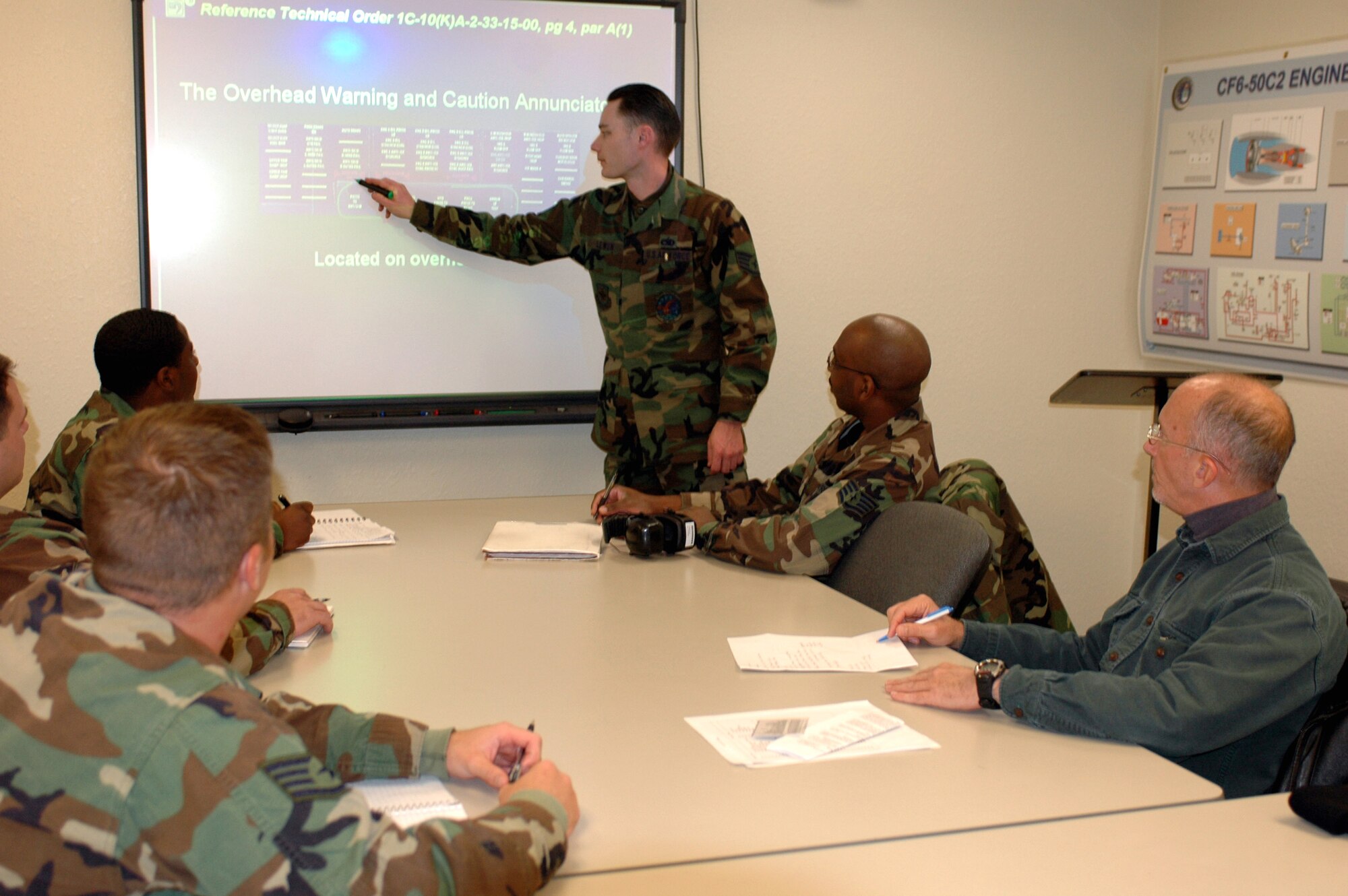 Staff Sgt. Wayne Lewen explains the KC-10 Extender Emergency Lighting System during the classroom portion of the course Jan. 17 at Travis Air Force Base, Calif. Sergeant Lewen is assigned to the 60th Maintenance Operations Squadron at Travis AFB. Students in the course will receive training and certification on 79 KC-10 maintenance tasks previously reserved for crew chiefs that deployed with the aircraft. (U.S. Air Force photo/Staff Sgt. Candy Knight) 
