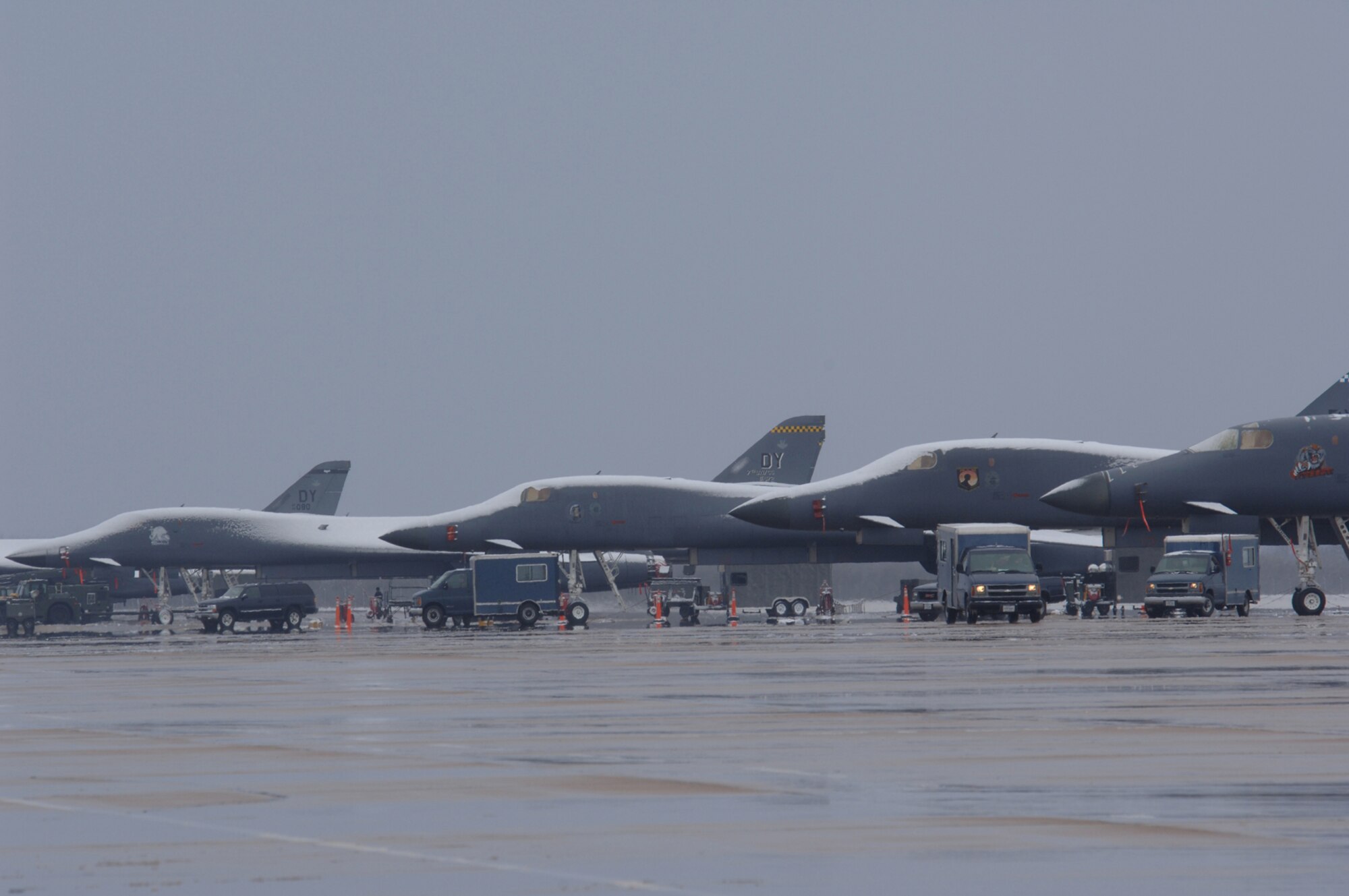 Frosted B-1 Lancers sit on the flightline at Dyess Air Force Base, Texas, Jan. 17. Operations continue at at the base, despite a dangerous winter freeze that affected much of the state. (U.S. Air Force photo/Staff Sgt. Araceli Alarcon) 