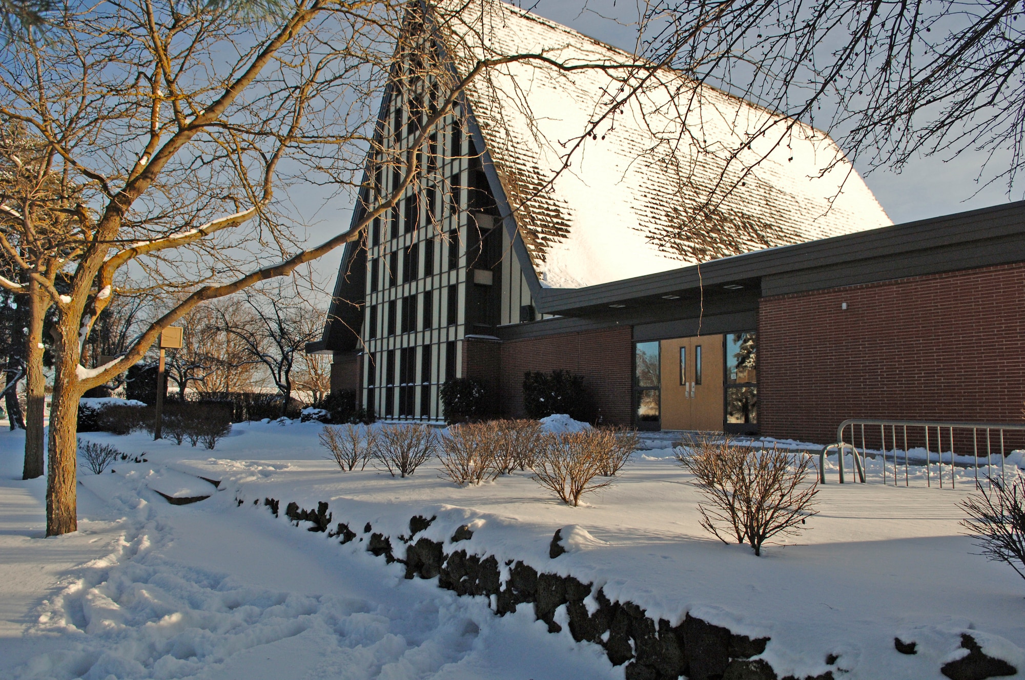 The base chapel sits serenely in the winter snow. Over the past week, Fairchild has received a layer of snow that has blanketed the entire base in white.