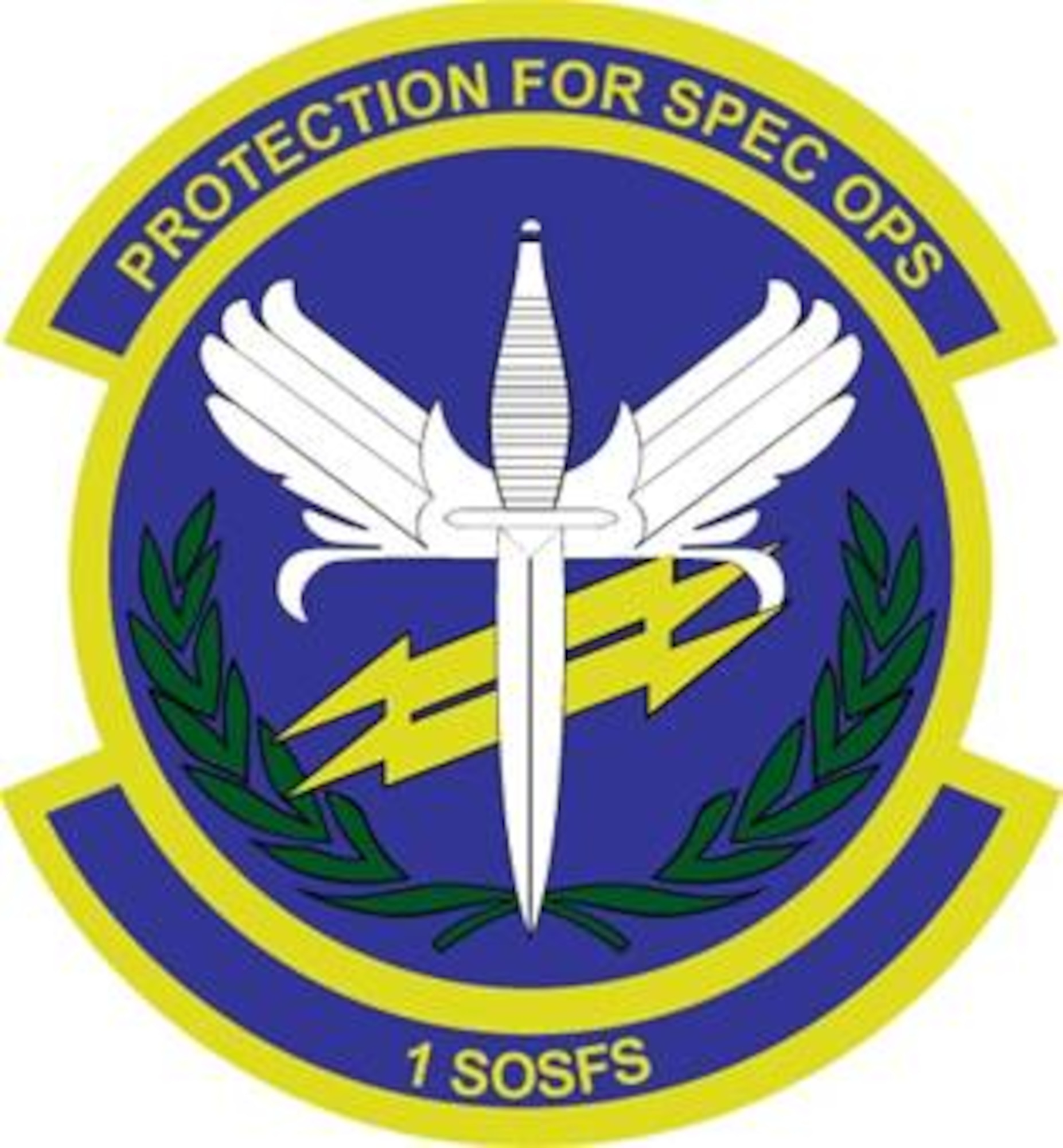 1st Special Operations Security Forces Squadron: Blue represents the sky, the primary theater of Air Force operations. Yellow signifies the sun and the excellence required of Air Force personnel. The white winged dagger depicts the prime wartime function of the Security Forces, air base ground defense. The charge also represents the unit's historical association with Special Operations. The yellow lightning bolts symbolize the dual functions of home station and deployed locations service to the parent organization. The olive branch denotes the peacekeeping function of all Security Forces.