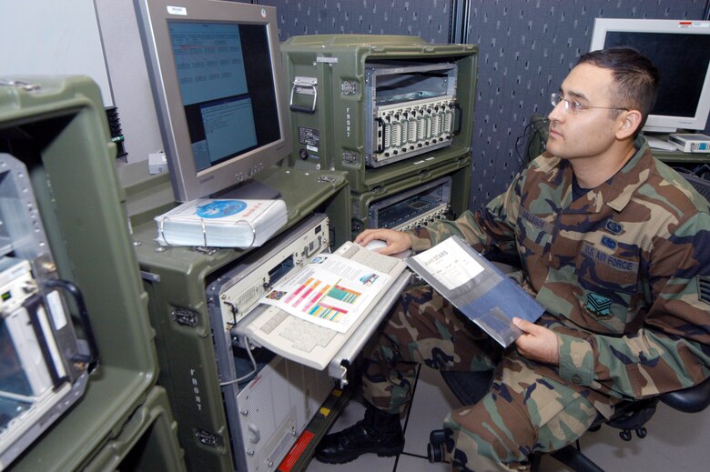Staff Sgt. Ramon Gallegos copies imagery maps that E-8 Joint Surveillance Target Attack Radar System flight crews use. Sergeant Gallegos is assisgned to the 116th Computer Systems Squadron. (U. S. Air Force photo/Sue Sapp) 