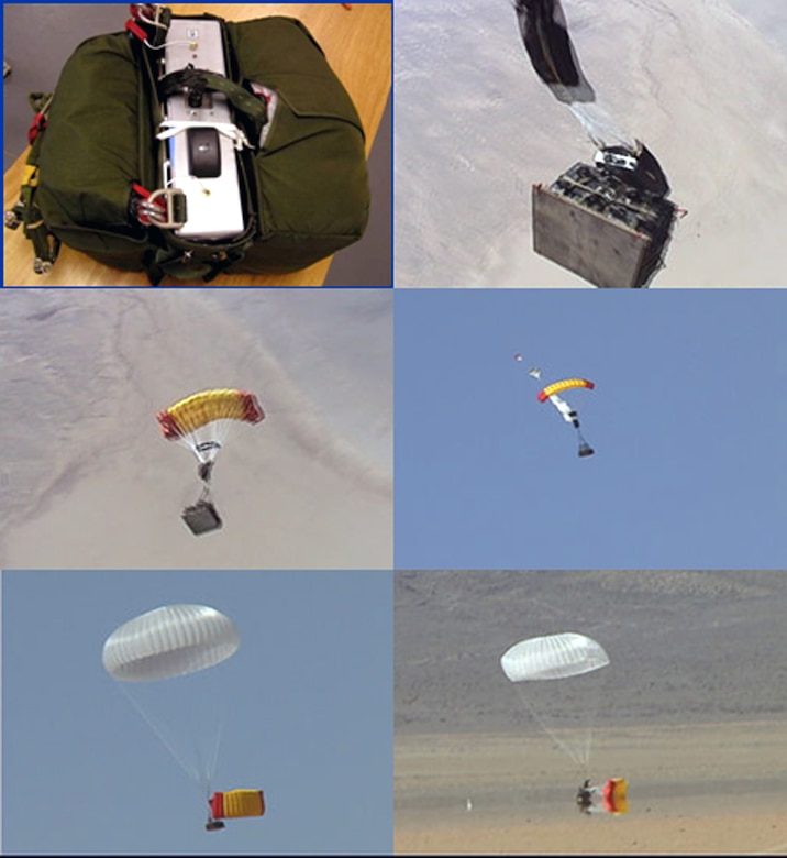 In this photo illustration, a Joint Precision Air Drop System-equipped bundle is dropped from an Air Force aircraft. The illustration shows the global positioning system-guidance system attached to the deployment of steerable and traditional parachutes en route to the bundle landing within feet of a desired location. The JPADS bundles are now being used for combat air drop missions in the war on terrorism. (U.S. Air Force photo illustration)
