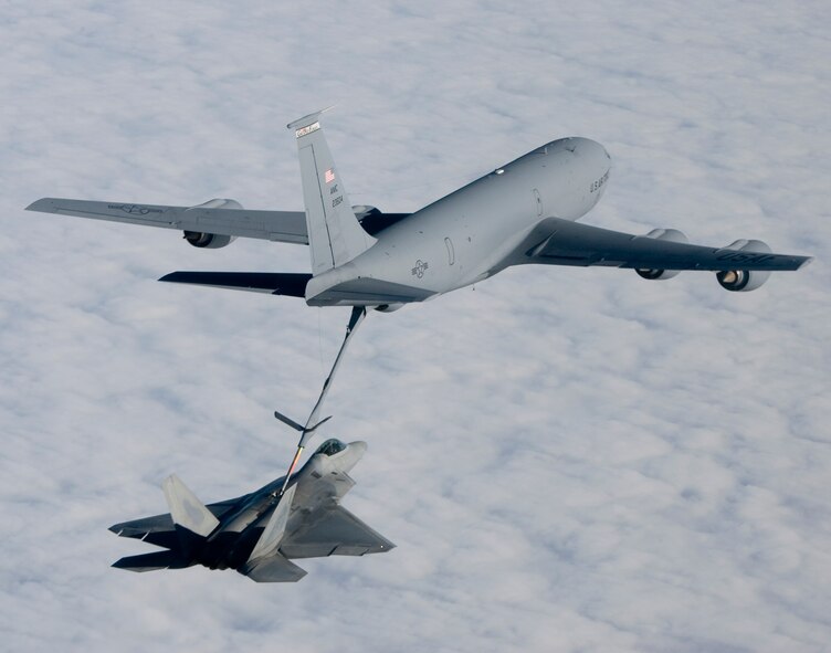 A Grand Forks AFB KC-135 refuels a F-22 Raptor from Edwards AFB. A refueling team from Grand Forks will be the lead tanker unit at the upcoming Red Flag exercise at Nellis Air Force Base, Nev., in February. (photo/Darin Russell)