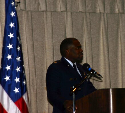 Lt. Col. Derrick Green, this year's speaker at the MLK luncheon Jan. 12 at the Sheppard Club, talks about content of character at this years event. (U.S. Air Force photo/Airman 1st Class Jacob Corbin.)