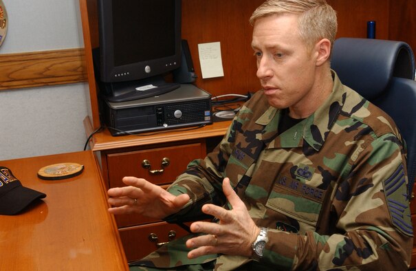 Command Chief Master Sgt. Mike Warner discusses Airmen, readiness and taking care of families during an interview at the 100th Air Refeuling Wing Headquarters Jan. 16, 2007.