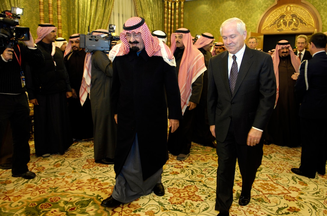 Defense Secretary Robert Gates and King Abdullah bin Abdul al-Saud walk to the meeting room at the King's hunting lodge in Saudi Arabia, Jan. 17, 2007.  Gates traveled to Saudi Arabia to meet with the King to discuss current issues in the Middle East.  