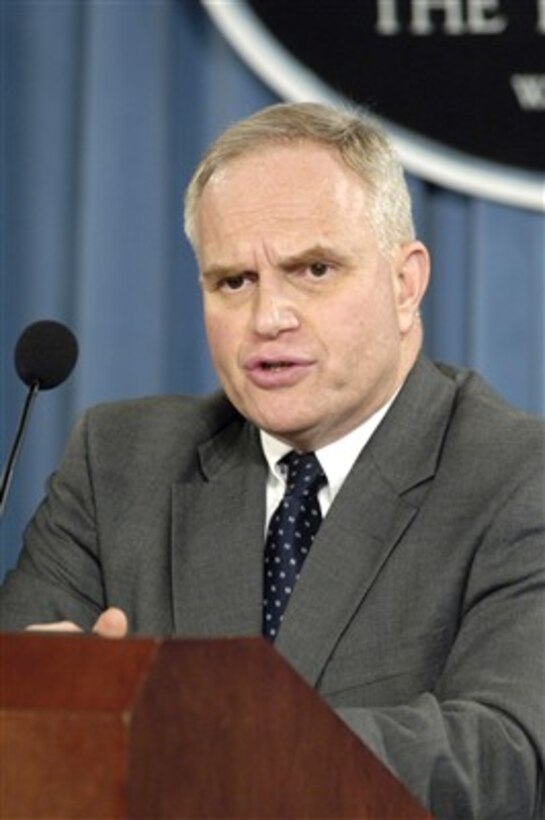 Principal Deputy General Counsel Dan Dell'Orto briefs reporters in the Pentagon about news rules governing the conduct of military commissions to try detainees in the global war on terrorism on Jan. 18, 2007.  Dell'Orto was joined by Special Legal Advisor to the Office of Military Commissions Brig. Gen. Thomas Hemmingway, U.S. Air Force, to brief reporters.  