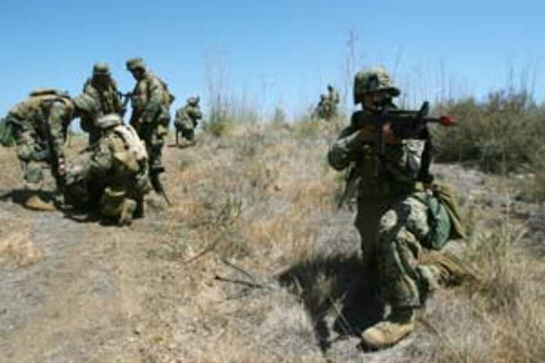 FIRE BASE GLORIA, MARINE CORPS BASE CAMP PENDLETON, Calif. ? Marines with Weapons Company, Battalion Landing Team 1st Battalion, 5th Marine Regiment, 11th Marine Expeditionary Unit, from here, evacuate a wounded pilot during in a Tactical Recovery of Aircraft and Personnel (TRAP) exercise June 14, here. The Marines with the BLT were engaged with a mock AV-8B Harrier II accident and the recovery and evacuation of the pilot. The training was provided by Special Operations Training Group, I Marine Expeditionary Force, from here.