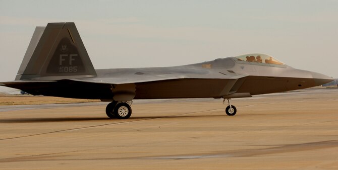 The 1st Fighter Wing Commander Brig. Gen. Burton Field taxis down the runway in the 40th F-22A Raptor delivered to the 1st Fighter Wing at Langley Air Force Base, Va., Jan. 19. The delivery of this aircraft marks the completion of delivery from the factory to the installation. (U.S. Air Force photo/Staff Sgt. Samuel Rogers) 