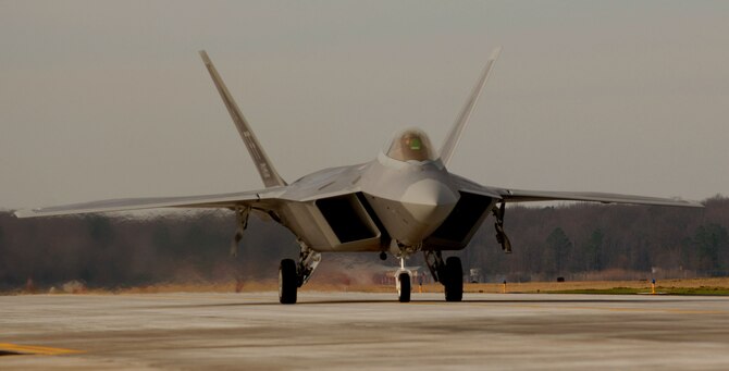 The 1st Fighter Wing Commander Brig. Gen. Burton Field taxis down the runway in the 40th F-22A Raptor delivered to the 1st Fighter Wing at Langley Air Force Base, Va., Jan. 19. The delivery of this aircraft marks the completion of delivery from the factory to the installation. (U.S. Air Force photo/Staff Sgt. Samuel Rogers) 