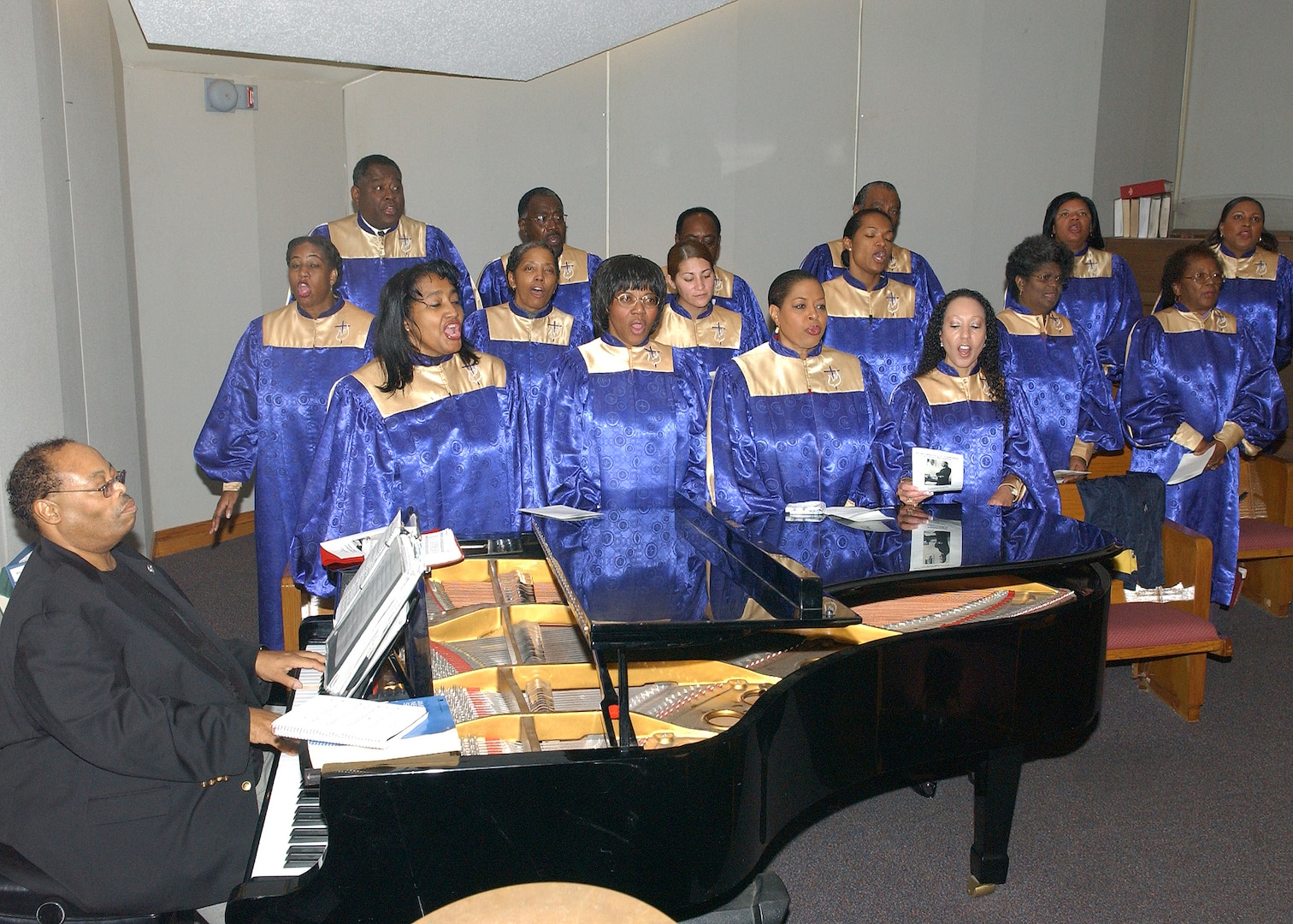 The Lackland Inspirational Gospel Ensemble performed several pieces during the Jan. 11 Dr. Martin Luther King Jr. commemorative service at Freedom Chapel, including the audience sing-along, "Lift Ev?ry Voice and Sing." More than 200 people attended the service. (Photo by Alan Boedeker)                               