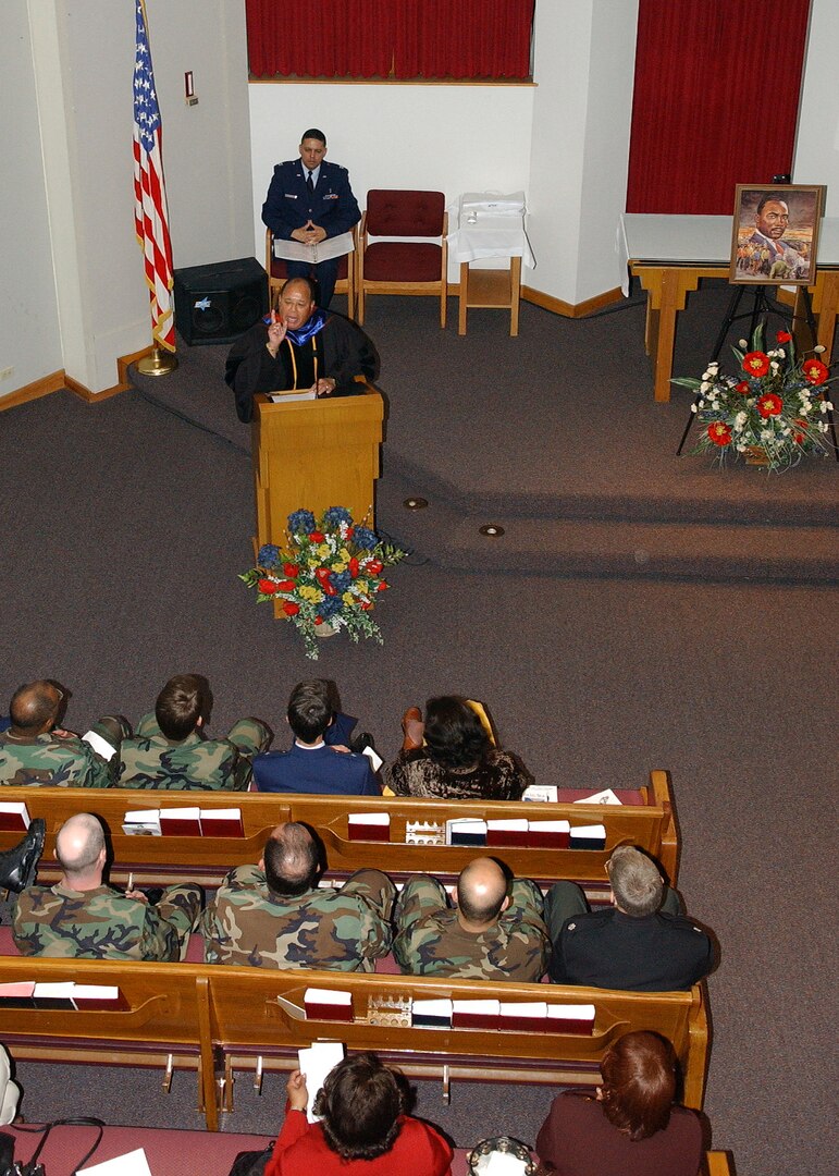 Guest speaker and Lackland Air Force Base choir director, Bradley Scott, Ph.D., senior education associate for the Intercultural Development Research Association, recites the famous  "I have a dream" speech during the Jan. 11 Dr. Martin Luther King Jr. commemorative service at Freedom Chapel. (USAF photo by Alan Boedeker)                                 