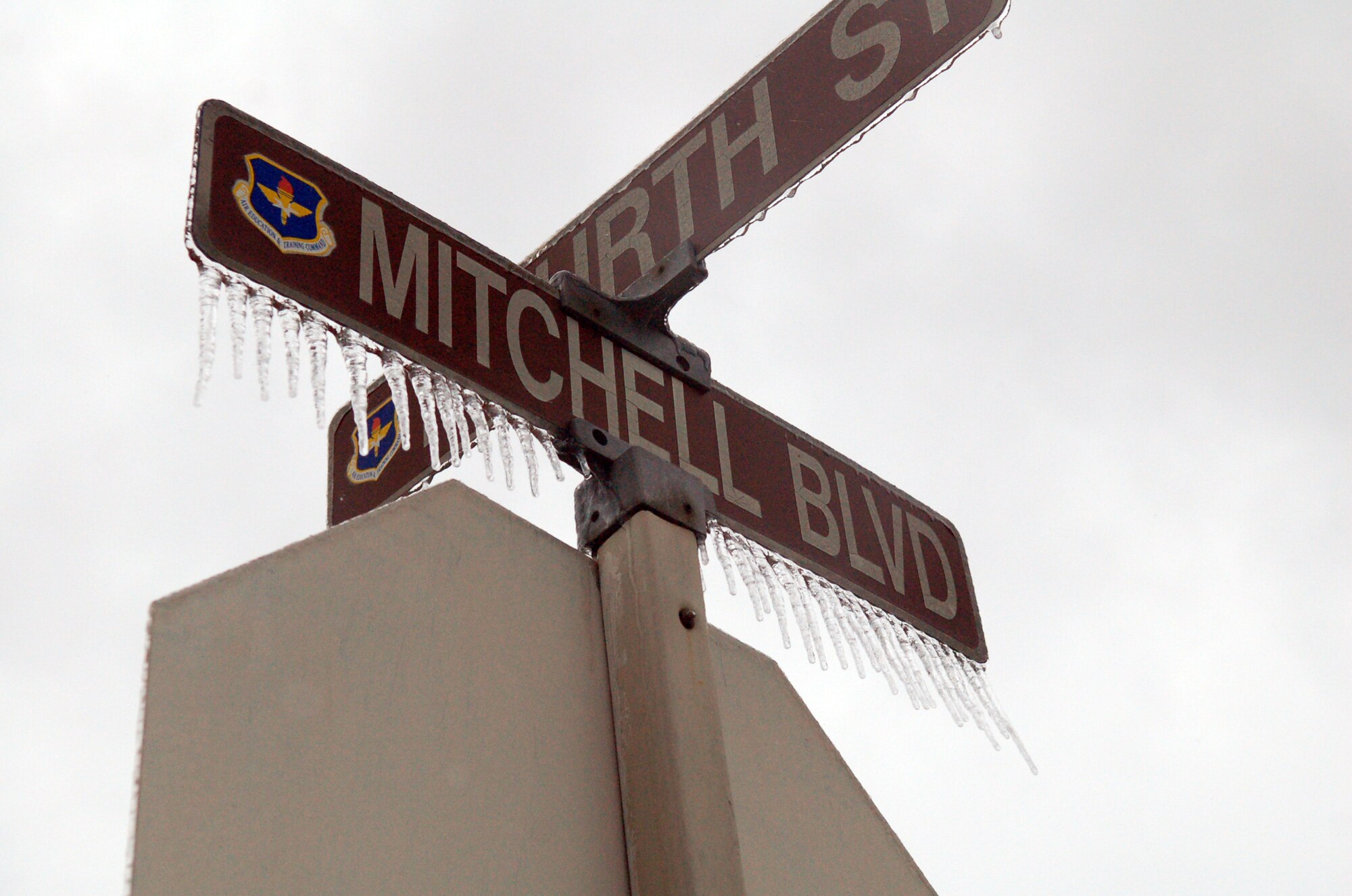 LAUGHLIN AIR FORCE BASE, Texas -- Icicles form on street sign on Laughlin as freezing rain and sleet begin to coat the base in thick sheets of ice Tuesday morning. (U.S. Air Force photo by Staff Sgt. Austin May)
