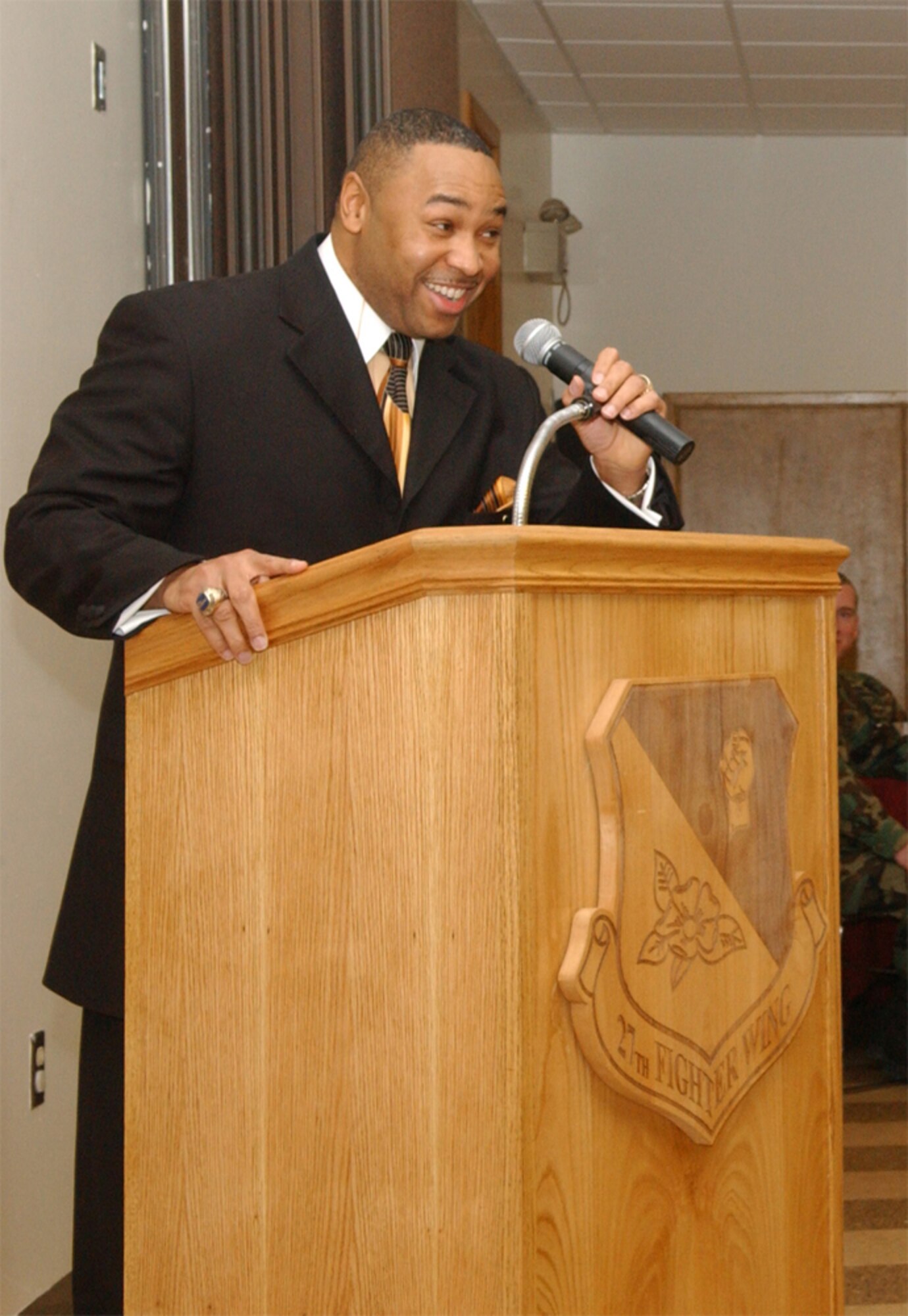 The Reverand Maurice Monson from Faith Christian Baptist Church in Clovis, N.M. addresses the audience at the Cannon Air Force Base Chapel Jan. 12 during a breakfast celebrating the life of Dr. Martin Luther King Jr. The breakfast is the 21st annual observance of the Martin Luther King Jr. holiday.
