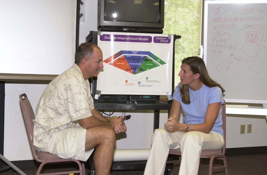 (Photo by SrA Amanda Mills) Maj Jimmy Shaw, 32nd Flying Training Squadron, and Capt DeAnna Franks, 8th FTS, role play during the ASIST program Tuesday at the Community Chapel Activity Center.