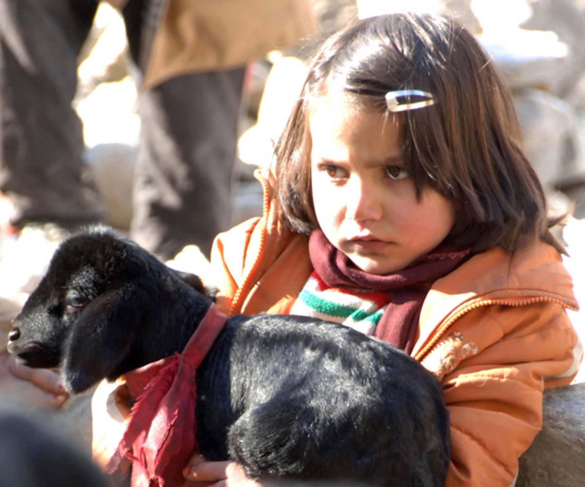 A girl living in Panjshir, Afghanistan, brings her goat to the Afghan National Police station during a veterinary assistance mission, conducted by members of Combined Joint Task Force 76 on January 15, 2007.  (U.S. Army photo/Army Staff Sgt. Marcus J. Quarterman)