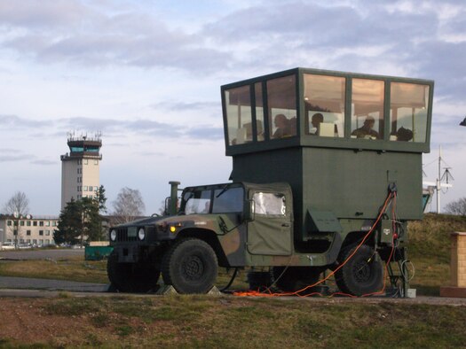 Ramstein air traffic controllers work from a mobile control tower while the existing tower receives repairs. Photo by Capt. Erin Dorrance